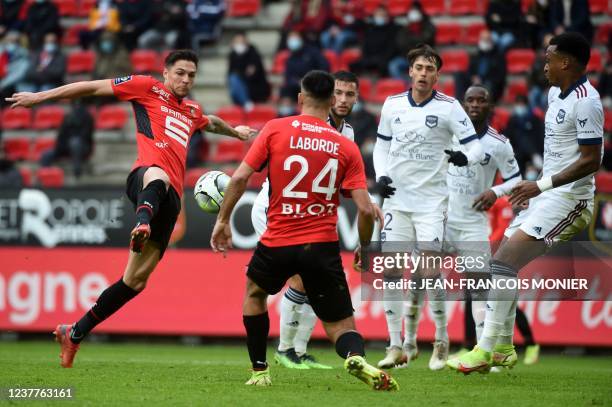 Rennes' French midfielder Jonas Martin kicks the ball during the French L1 football match between Stade Rennais Football Club and FC Girondins de...