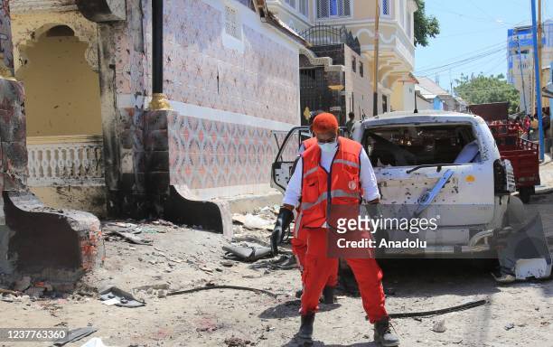 View from the damage around the site after a bomb attack which took place near the house of Somaliaâs government spokesperson Mohamed Ibrahim...