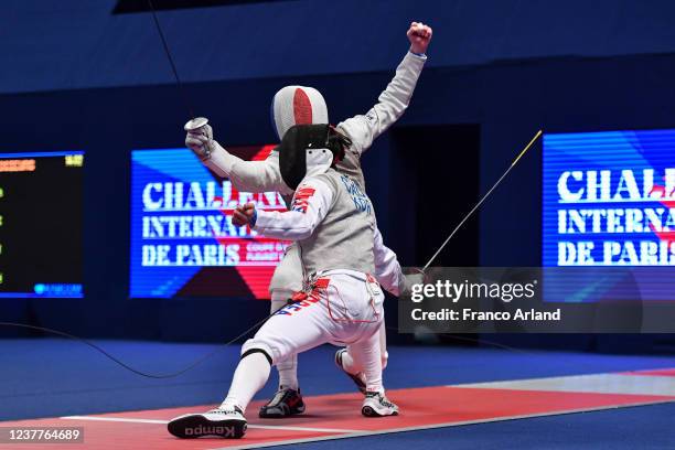 Julien MERTINE of France and Hyunsoo CHOI of Korea during the International Challenge of Paris - Men's Team World Cup Foil at Salle Pierre Coubertin...