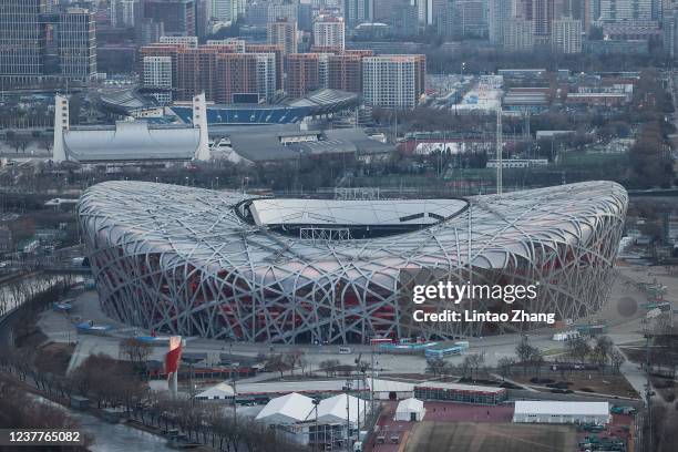 General view the Birds Nest stadium, the venue for opening and closing ceremonies for the 2022 Winter Olympics at Beijing Olympic Tower on January...