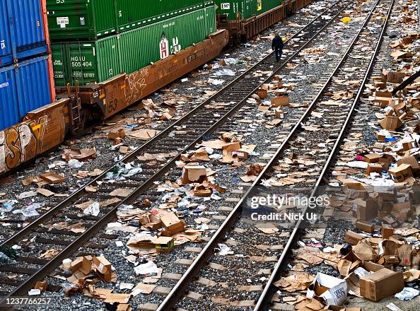 Trackside Clutter Train Packaging debris and items stolen from rail cars litter train tracks ...