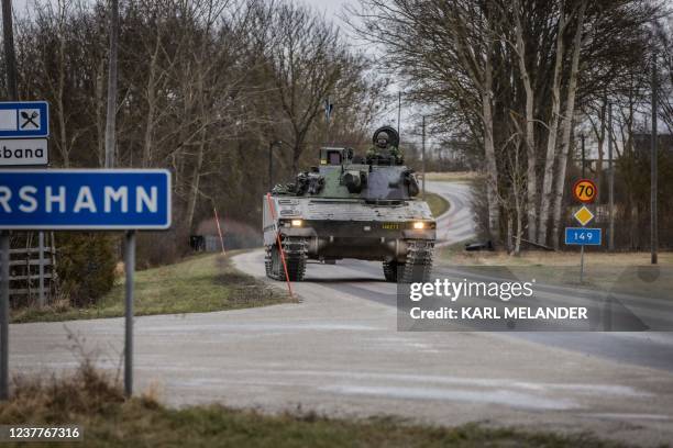 Gotland's Regiment patrols in tanks on the roads in nothern Gotland on January 16, 2022. - Sweden deployed armoured combat vehicles and armed...