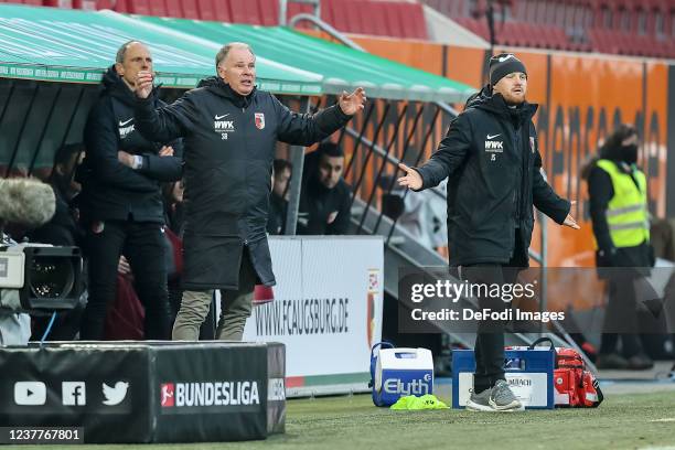 Director of sport Stefan Reuter of FC Augsburg gestures during the Bundesliga match between FC Augsburg and Eintracht Frankfurt at WWK-Arena on...