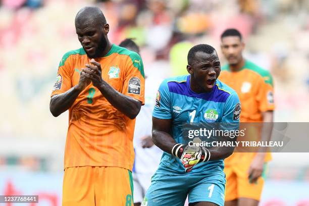 Sierra Leone's goalkeeper Mohamed Nbalie Kamara reacts after conceding a goal during the Group E Africa Cup of Nations 2021 football match between...