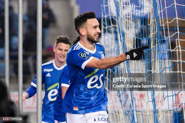 Adrien Thomasson of RC Strasbourg celebrates his goal during the Ligue 1 Uber Eats match between RC Strasbourg and Montpellier HSC at Stade de la...