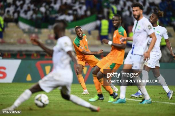 Ivory Coast's forward Wilfred Zaha shoots and fails to score during the Group E Africa Cup of Nations 2021 football match between Ivory Coast and...