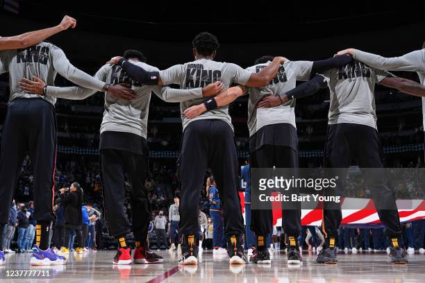 The Utah Jazz listen to the national anthem before the game against the Denver Nuggets on January 16, 2022 at the Ball Arena in Denver, Colorado....
