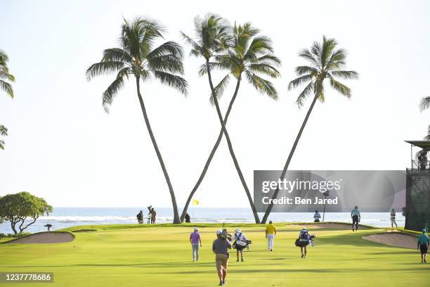 Hideki Matsuyama of Japan and Russell Henley walk with their caddies towards the 16th green during the final round of the Sony Open in Hawaii at...