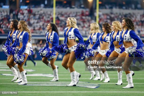 The Dallas Cowboys Cheerleaders perform during the NFC Wild Card game between the Dallas Cowboys and the San Francisco 49ers on January 16, 2022 at...