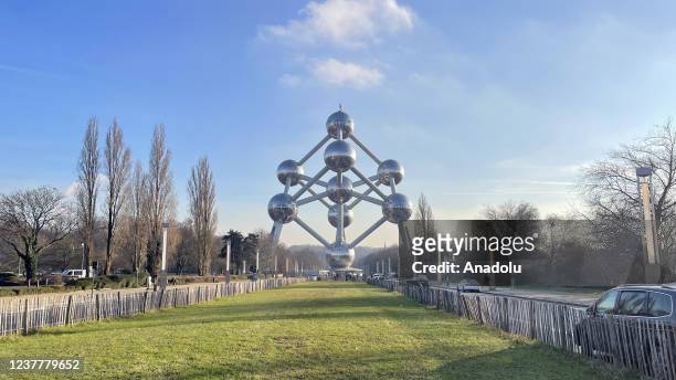 View of Atomium, which was built in 1958 ahead of the Expo 58 World Fair, consists of 9 spheres with a height of 102 meters. In Brussels, Belgium on...