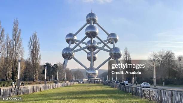 View of Atomium, which was built in 1958 ahead of the Expo 58 World Fair, consists of 9 spheres with a height of 102 meters. In Brussels, Belgium on...