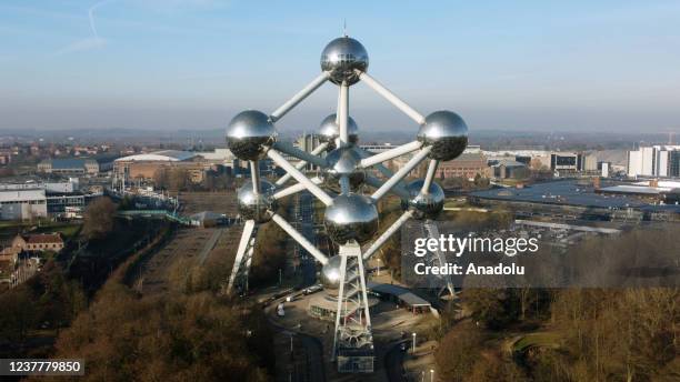 Drone photo shows Atomium, which was built in 1958 ahead of the Expo 58 World Fair, consists of 9 spheres with a height of 102 meters. In Brussels,...