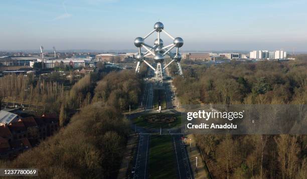 View of Atomium, which was built in 1958 ahead of the Expo 58 World Fair, consists of 9 spheres with a height of 102 meters. In Brussels, Belgium on...