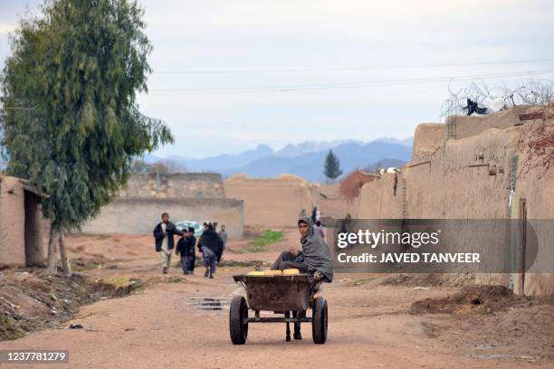 Youth rides a donkey cart along a path at Sanjari village in Kandahar province, on January 17, 2022.