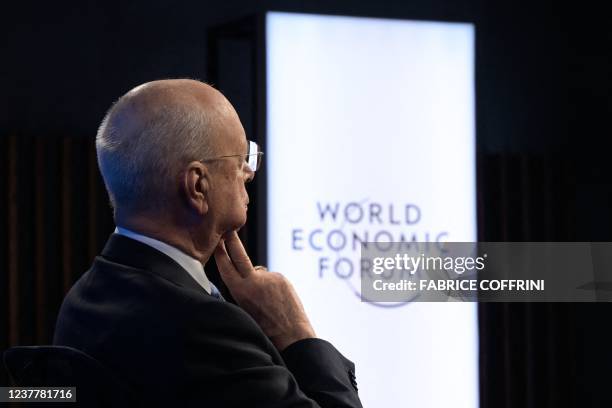 Founder and Executive Chairman of the World Economic Forum Klaus Schwab is seen at the opening of the WEF Davos Agenda virtual sessions at the WEF's...