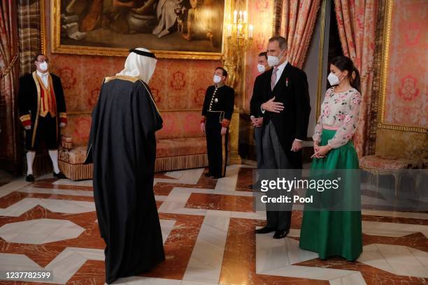 President of the Government, Pedro Sánchez , King Felipe VI of Spain and Queen Letizia of Spain receive the Saudi Arabian ambassador, Azzam...