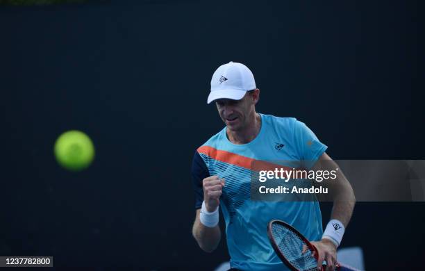 Reilly Opelka of the USA in action against Kevin Anderson of South Africa in their first round singles match during the 2022 Australian Open at...