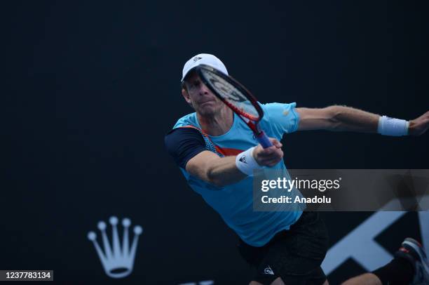 Reilly Opelka of the USA in action against Kevin Anderson of South Africa in their first round singles match during the 2022 Australian Open at...