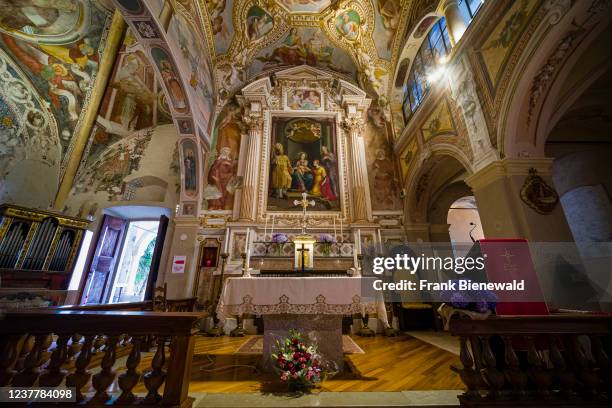 Inside the Hermitage of Santa Caterina del Sasso, a Roman Catholic monastery, located on a rocky ridge at Lake Maggiore.