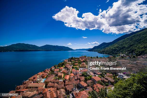 Aerial view on the roofs of Cannero, Lake Maggiore and the surrounding mountains.