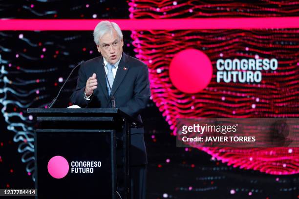 Chilean President Sebastian Pinera speaks during the opening ceremony of "Congreso Futuro 2022" convention at the Espacio Riesco events centre in...