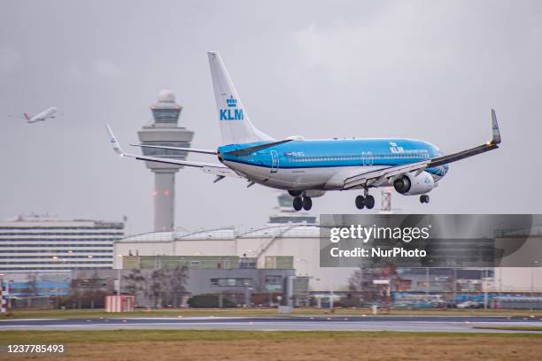 Royal Dutch Airlines Boeing 737-800 aircraft as seen flying and landing at Amsterdam Schiphol Airport AMS EHAM during a cloudy evening in front of...