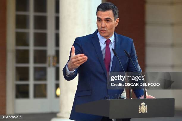 Spanish Prime Minister Pedro Sanchez holds a joint press conference with the German chancellor following their meeting at La Moncloa palace in Madrid...