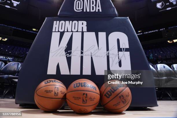 Honor Martin Luther King Jr. Signage on court before a game between the Memphis Grizzlies and the Chicago Bulls on January 17, 2022 at FedExForum in...
