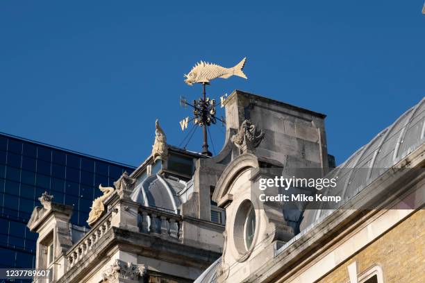 Weather vane on top of the Old Billingsgate Fish Market on 14th January 2022 in London, United Kingdom. Old Billingsgate Market is the name given to...