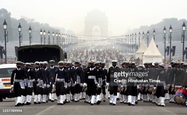 Indian Navy contingent rehearse for Republic Day parade, at Rajpath on January 17, 2022 in New Delhi, India.