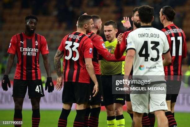 Milan's French midfielder Tiemoue Bakayoko, AC Milan's Bosnian midfielder Rade Krunic, AC Milan's Croatian forward Ante Rebic, AC Milan's French...