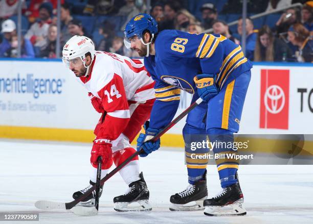 Alex Tuch of the Buffalo Sabres and Robby Fabbri of the Detroit Red Wings line up for a faceoff during an NHL game on January 17, 2022 at KeyBank...