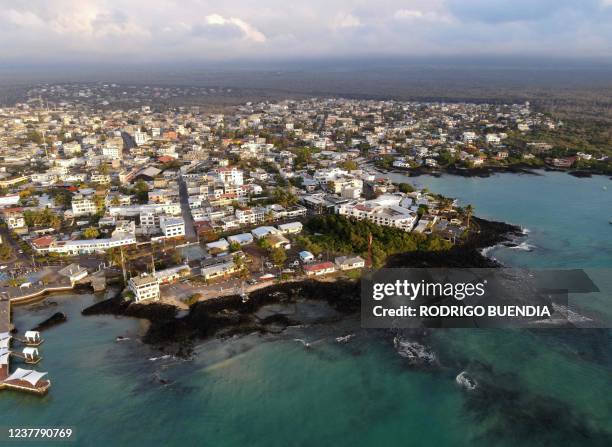 Aerial view of Puerto Ayora in Santa Cruz Island, in the Galapagos Islands, an archipelago located 1,000 km off the coast of Ecuador in the Pacific...