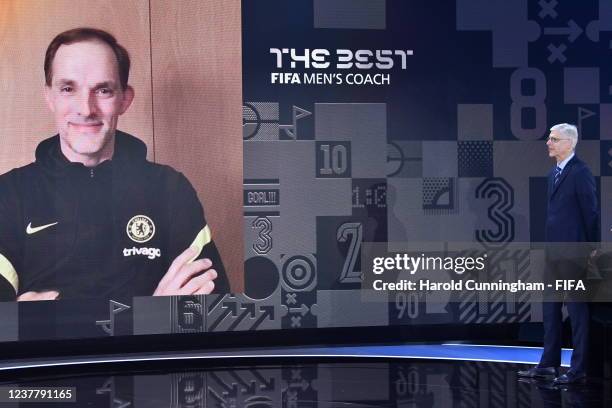 Chief of Global Football Development Arsene Wenger speaks with the Best FIFA Men's Coach 2021 award winner Thomas Tuchel during the Best FIFA...