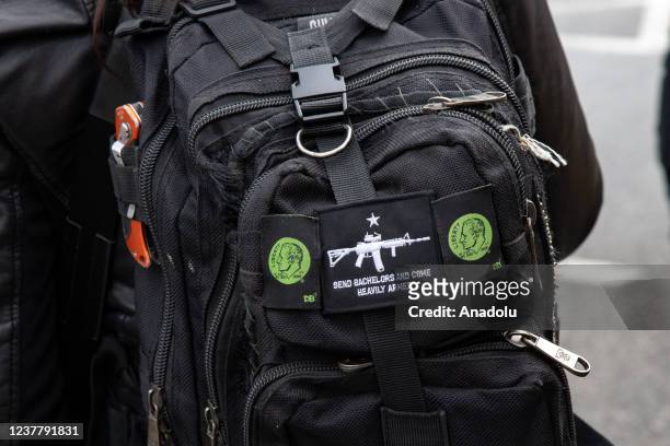 Patch on a bookbag is seen during a gun rights rally outside of the Virginia State Capitol in Richmond, Virginia on January 17, 2022