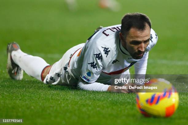 Milan Badelj of Genoa CFC lies on the ground during the Serie A match between ACF Fiorentina and Genoa CFC at Stadio Artemio Franchi on January 17,...