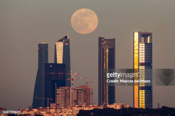 The full moon of January known as Wolf moon rises over the skyscrapers of the Four Towers Business Area of Madrid.