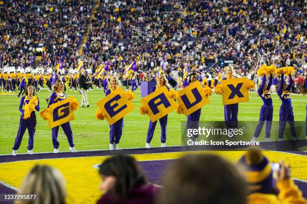 The LSU Tigers marching band entertains the crowd during a game between the Arkansas Razorbacks and the LSU Tigers at Tiger Stadium, in Baton Rouge,...