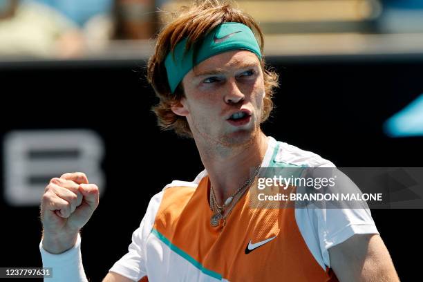 Russia's Andrey Rublev celebrates after winning his match against Italy's Gianluca Mager during their men's singles match on day two of the...