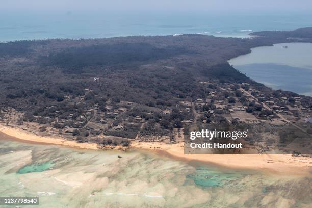 In this handout photo provided by the New Zealand Defense Force, an aerial view from a P-3K2 Orion surveillance flight of heavy ash fall on January...