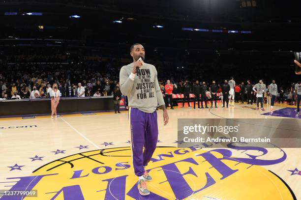 Wayne Ellington of the Los Angeles Lakers talks to the fans before the game against the Utah Jazz on January 17, 2022 at Crypto.Com Arena in Los...