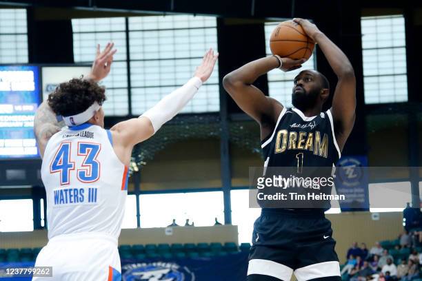 Theo Pinson of the Texas Legends shoots the ball during the game against Oklahoma City Blue in the second half on January 17, 2022 at Comerica Center...
