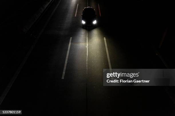 Car is pictured during blue hour on January 17, 2022 in Berlin, Germany.