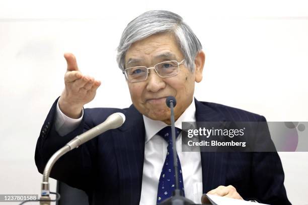 Haruhiko Kuroda, governor of the Bank of Japan , gestures during a news conference at the central bank's headquarters in Tokyo, Japan, on Tuesday,...