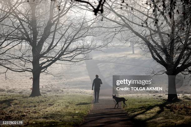 Person walks with a dog in a frost-covered Hyde Park in London on January 18, 2022.