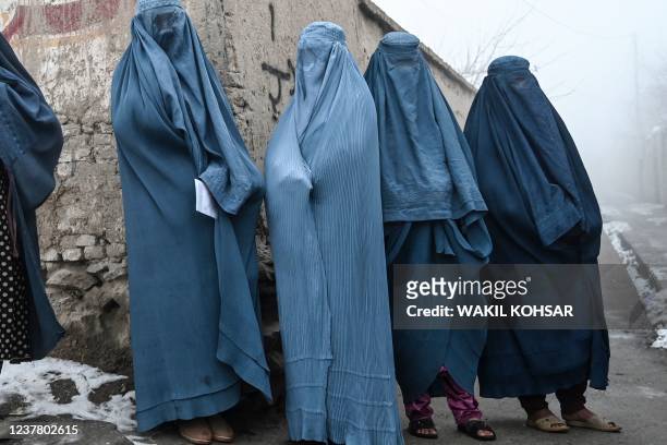 Women wearing a burqa wait to receive free bread distributed as part of the Save Afghans From Hunger campaign in Kabul on January 18, 2022.
