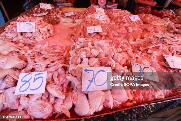 Chicken meat for sale seen at the Khlong Toei market in Bangkok. The Department of Livestock Development is keeping a close watch on the spread of...