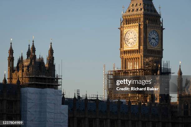 Still undergoing repairs to its roof and structure, the architecture of the British Houses of Parliament are seen in winter sunlight, on 17th January...