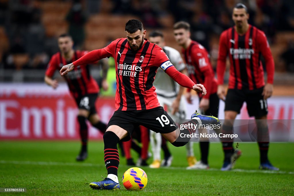Theo Hernandez of AC Milan misses a penalty kick during the...