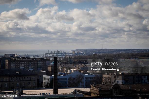 The city skyline with the Port of Mariupol and Azov Sea on the horizon in Mariupol, Ukraine, on Saturday, Jan. 15, 2022. Mariupol Mayor Vadym...